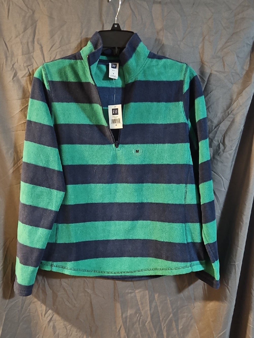 GAP STRIPED FLEECE PULLOVER: BLUE/GREEN: NEW WITH TAGS: SIZE: M